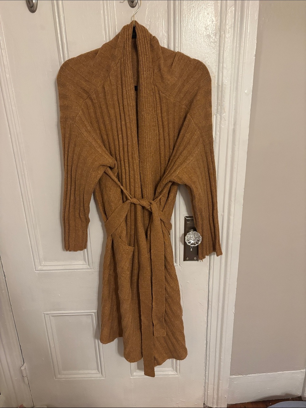 American Eagle Outfitters Ribbed Long Belted Cardigan - Camel Brown